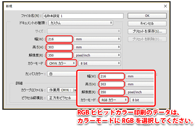 カンバスサイズ新規作成手順イメージ。RGBビビッドカラー印刷用データの場合はカラーモードにRGBを選択してください。