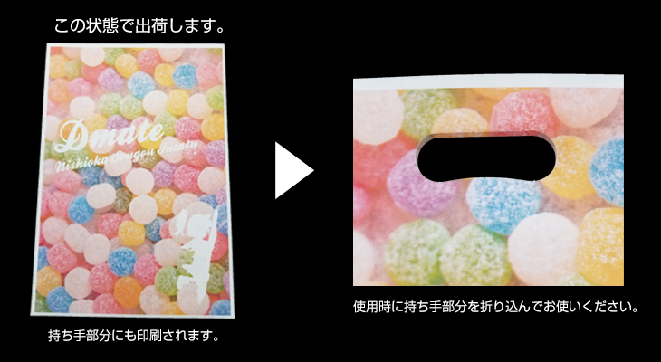 不織布バッグは使用時に持ち手部分を内側に折り込んでください。折り込む部分にも印刷は可能です。