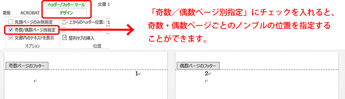 ヘッダー／フッターツールのデザインタブにある「奇数／偶数ページ別指定」にチェックを入れると、奇数・偶数ページごとのノンブルの位置を指定することができます。