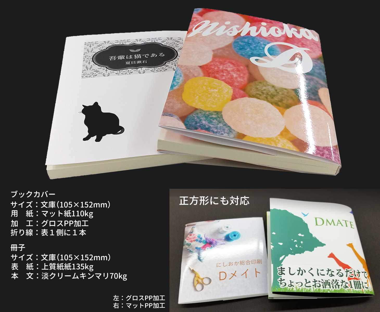 同人誌（無線綴じ冊子）にオススメ。ブックカバー＆帯印刷サンプルイメージ　正方形にも対応　グロスPP、マットPPブックカバーイメージ